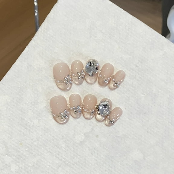 Simple Fake Diamond Bling Handmade Press on Nails for Women Classy Elegant Short Oval Beige Fake Nails