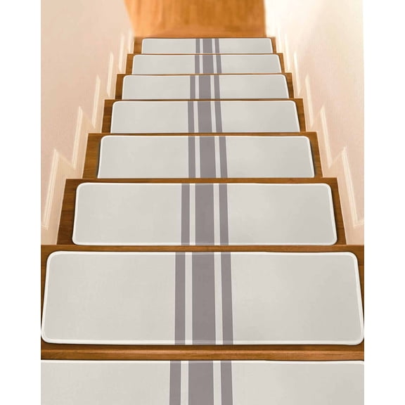 Simple Farmhouse Style, Stair Treads for Wooden Steps Indoor Runner Rug Carpet, Abstract Grey Geometric Stripe 4 Pieces Peel and Stick Staircase Step Treads Covers Washable Throw Door Mats, 30"x8"