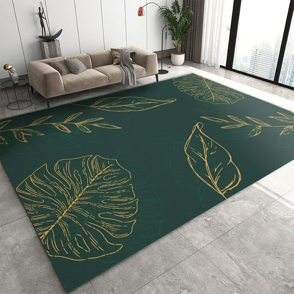 Simple Fashion Washable Area Rugs, Gold Stripes Tropical Rainforest Monstera Palm Leaf Print Non-Slip Rug, Soft Durable Foldable Carpet for Indoor Office Room Decor Mats 3ft x 4ft
