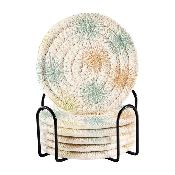Simple Fireworks Pattern 4in Bar Coasters Set of 6 with Storage Rack Durable Heat Resistant