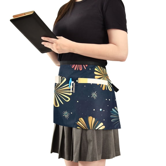 Simple Fireworks Picture Server Apron with 3 Pockets Waist Apron for Waiter Waitress