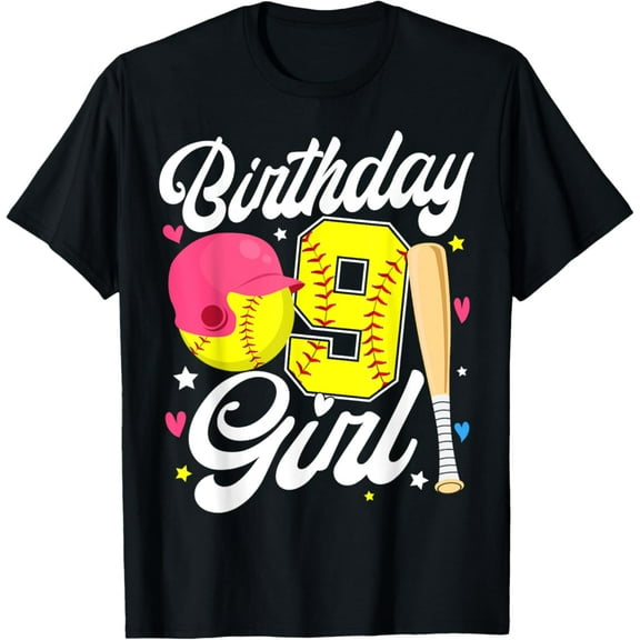Simple Fit 9Th Birthday Girl Softball Ninth Bday 9 Yrs Nine Years Old T-Shirt All Size S-5Xl
