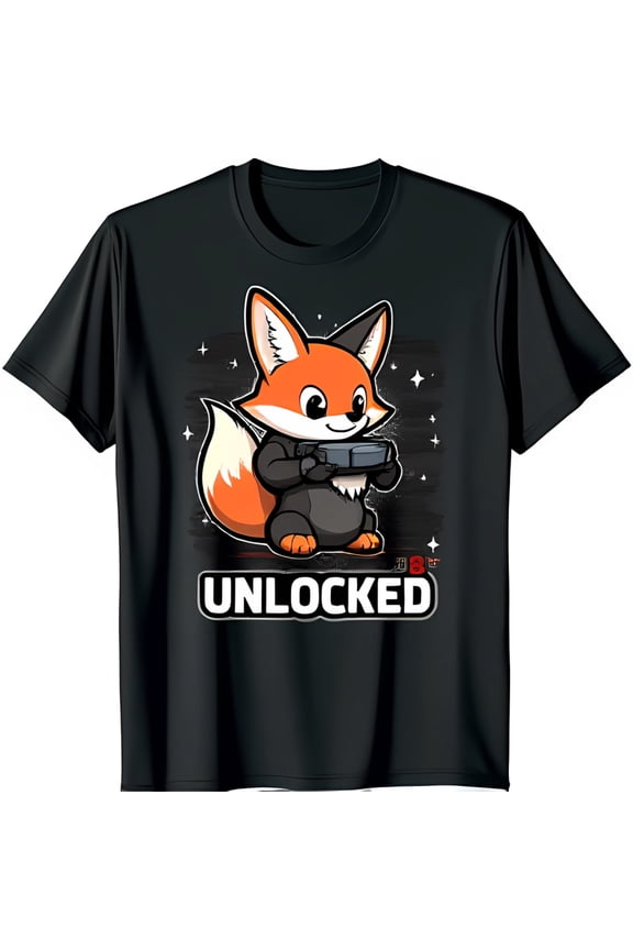 Adorable Cartoon Fox Graphic Black T-Shirt With Unlocked Text For Gamers All Size S-5Xl