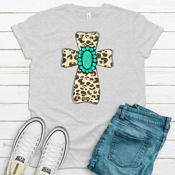 Simple Fit Adorable Leopard Cross With Turquoise Jewell, Soft Tee Shirt, Plus Sizes Available All Size S-5XL