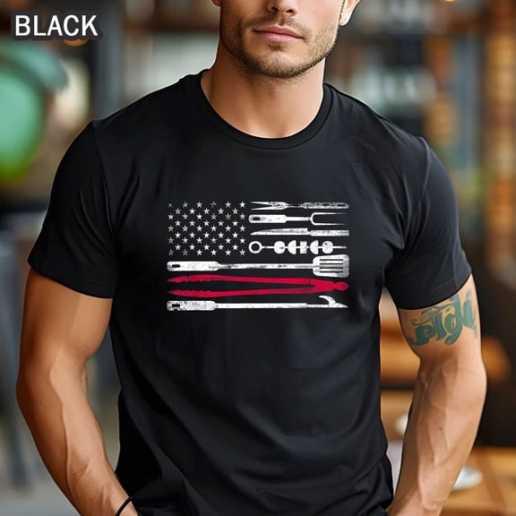 Simple Fit Bbq T-Shirt American Flag Grill Tools Barbecue Chef Gift Tee Men All Size S-5Xl