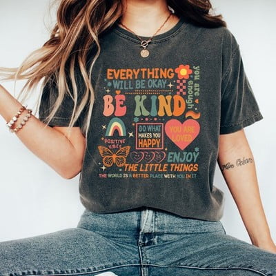 Simple Fit Be Kind Positive Quote Graphic T-Shirt Retro Inspirational Motivational Shirt All Size S-5XL