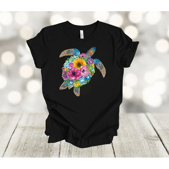 Simple Fit Beach Shirt, Sea Turtle With Tropical Flowers, Summer Tropical Vacation, Sunset Beach, Plus Sizes Available All Size S-5XL