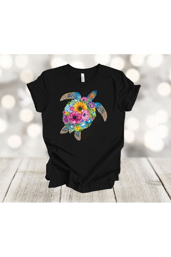 Beach Shirt, Sea Turtle With Tropical Flowers, Summer Tropical Vacation, Sunset Beach, Plus Sizes Available All Size S-5XL