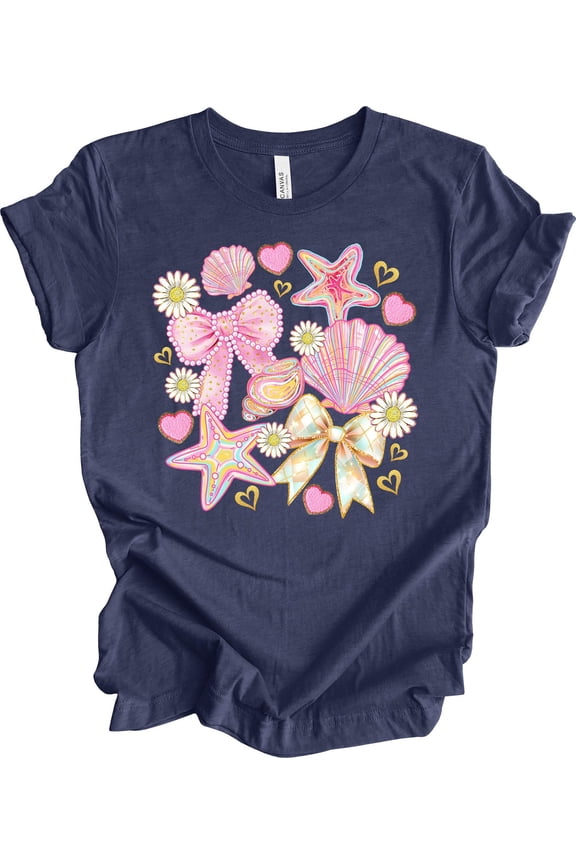 Beach Vacation Shirt, Pretty Coquette Shells, Bows, Starfish, Tropical Ocean, Soft Unisex Shirt, Plus Sizes Available All Size S-5XL