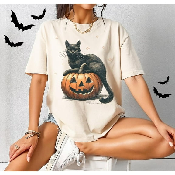 Simple Fit Black Cat On Pumpkin Shirt, Shirt For Fall, Black Cat T-Shirt, Happy Holidays Black Cat Design, Fall Shirt, Vintage 90S, Cat Lover All Size S-5Xl