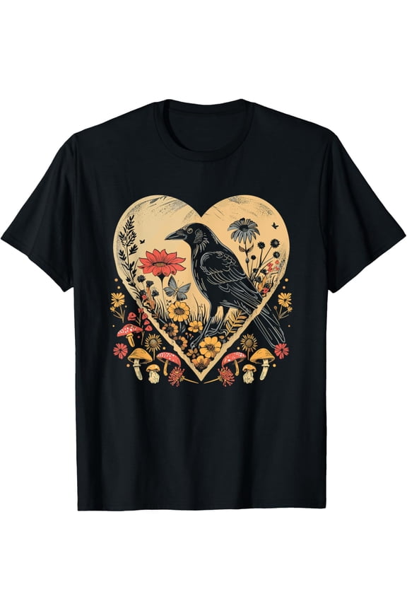Black Raven Cottagecore Heart Flower Crow Nature T-Shirt