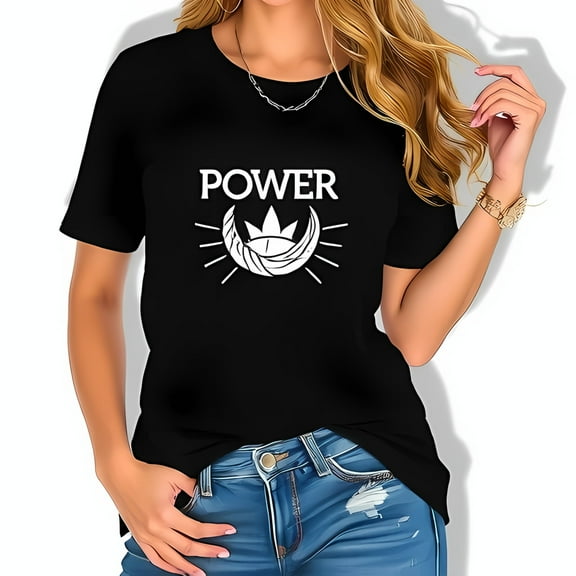 Simple Fit Black T-Shirt For Women - "Power" With & Eye Design Loose-All Cotton All Size S-5Xl