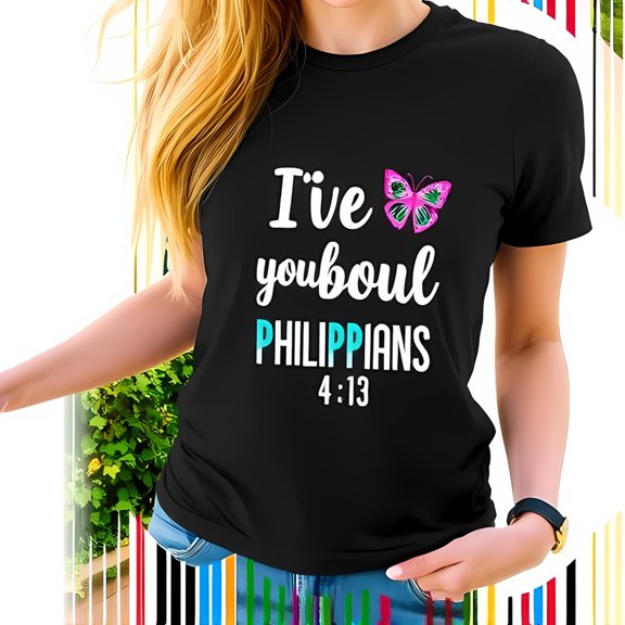 Simple Fit Black T-Shirt With "I'Ve You Boul Philippians 4:13" Design & Colorful-All-Cotton All Size S-5Xl