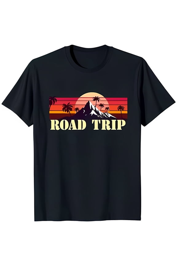 Black T-Shirt With Retro 'Road Trip' Graphic Mountain Range Trees & Sunset Desig All Size S-5Xl