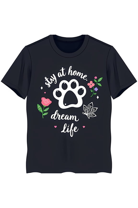 Black T-Shirt With White Print & 'Stay At Home Dream Life ' Design Floral Accent All Size S-5Xl