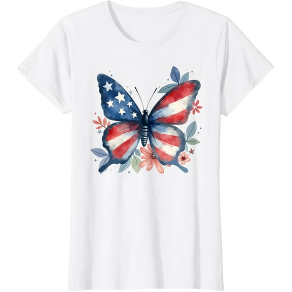 Simple Fit Butterfly Floral American Flag Usa 4Th Of July Girls Women T-Shirt