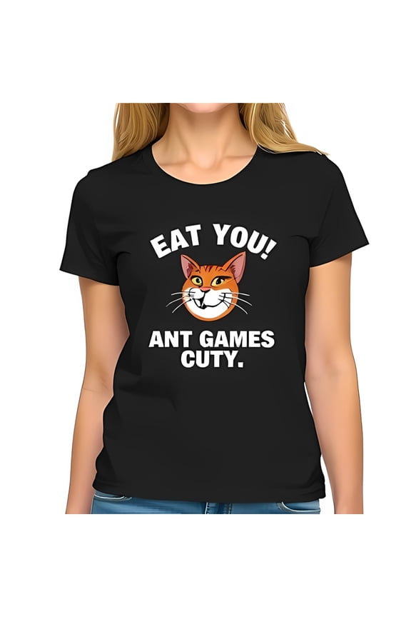 Cartoon Orange Cat Black Cotton Short Sleeve T-Shirt - " Eat -All-Cotton All Size S-5Xl