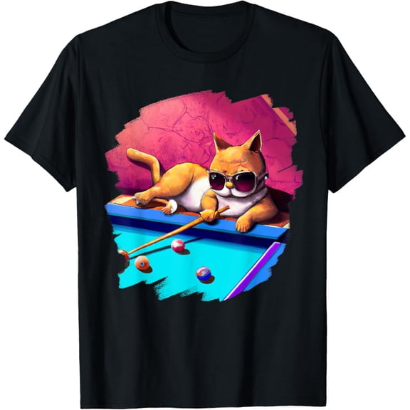 Simple Fit Cat Playing Pool Billiards In Lounge Cool Cats T-Shirt All Size S-5Xl