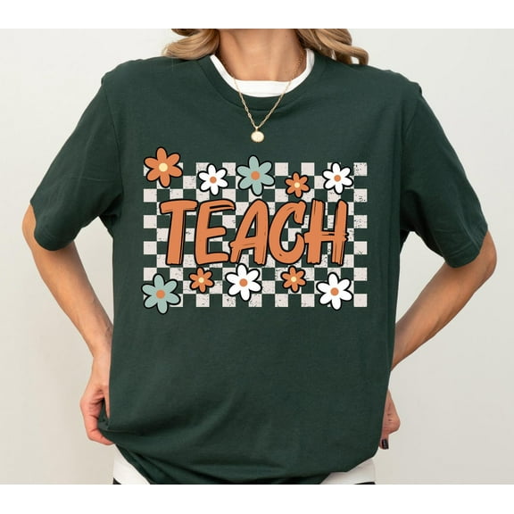 Simple Fit Checkered Teacher Shirt, Floral Teach Shirt, Teacher Appreciation Shirt, Flower Preppy Teacher T-Shirt, Teacher Checkered Wildflowers Shirt All Size S-5XL