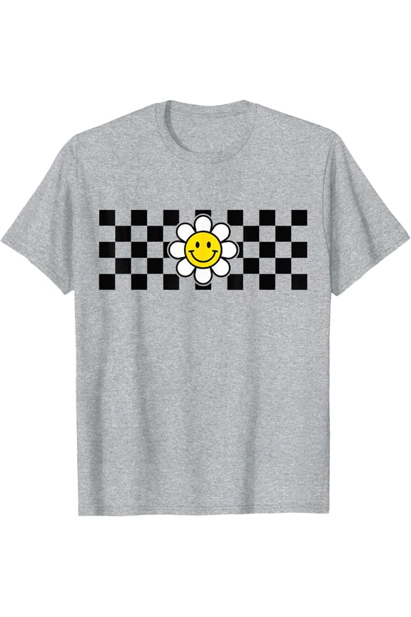 Checkered Yellow Happy Smiling Smile Face Daisy Flower Girl T-Shirt