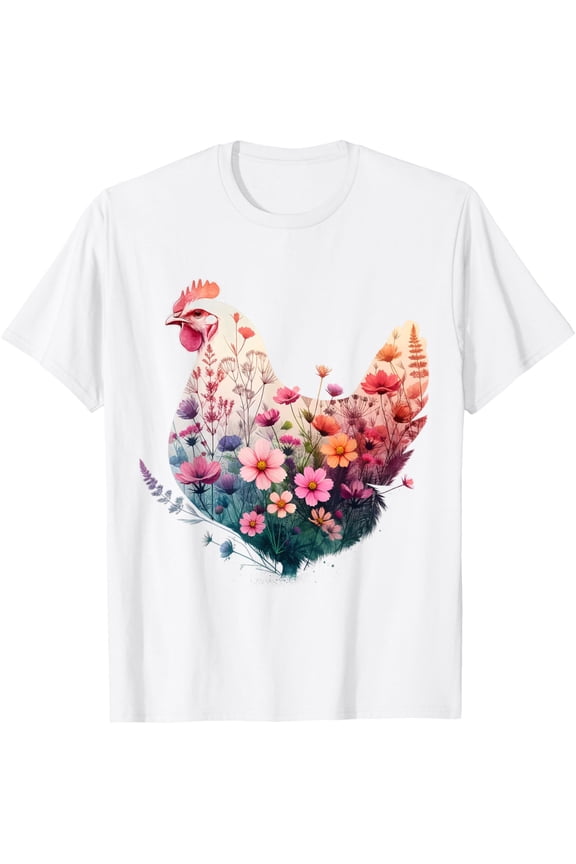 Chicken Floral Art Graphic Women Farm Chicken Lover Colorful T-Shirt