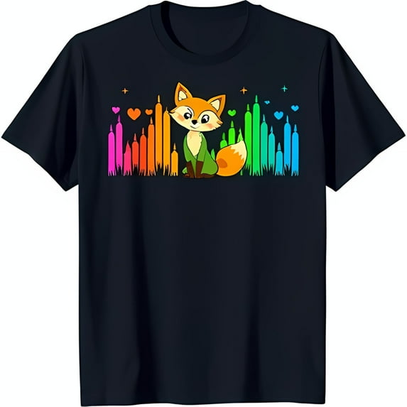 Simple Fit Cool Black T-Shirt With Cartoon Fox Rainbow Equalizer & Stars Graphic All Size S-5Xl