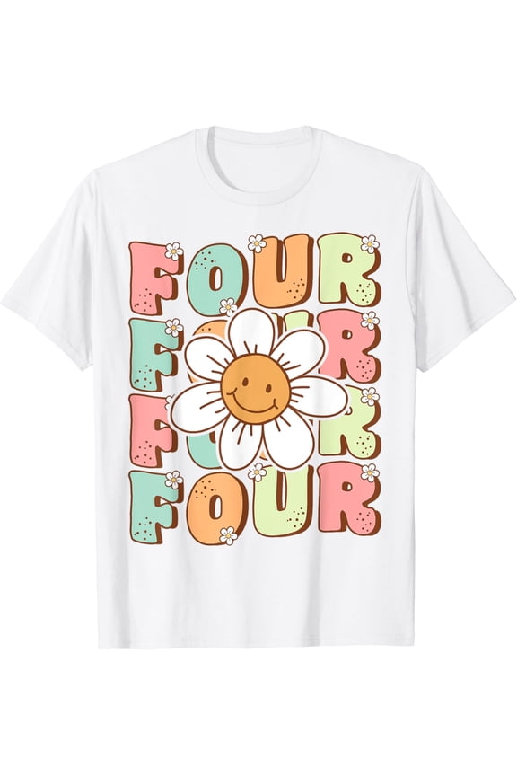 Cute Groovy 4Th Birthday Party Daisy Flower Four Year Old T-Shirt