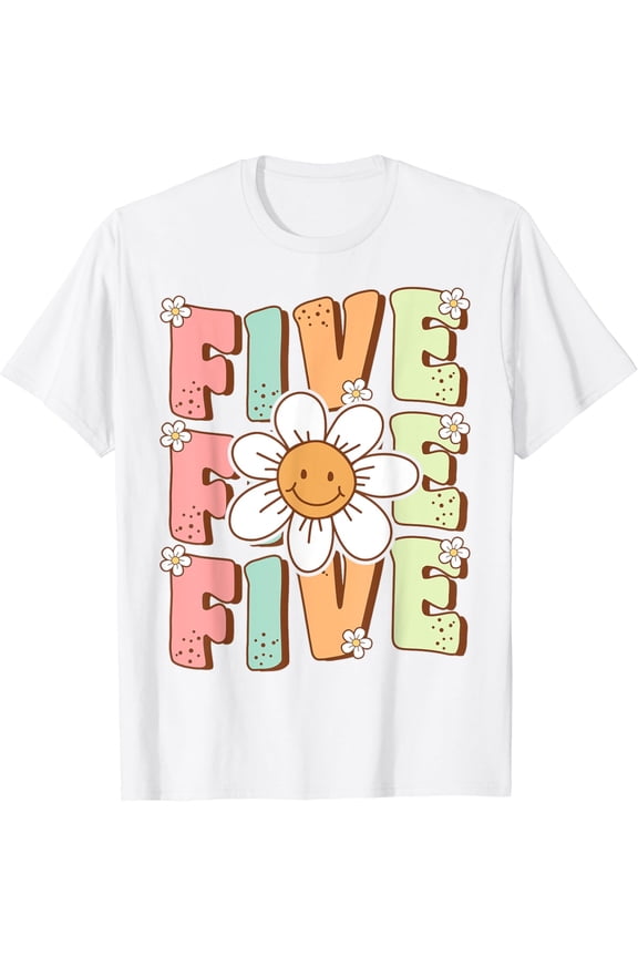 Cute Groovy 5Th Birthday Party Daisy Flower Five Year Old T-Shirt