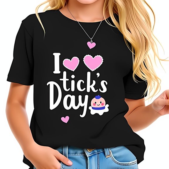Simple Fit Cute "I Love Tick'S Day" Black T-Shirt For Girls - Whimsical Design -All Cotton All Size S-5Xl