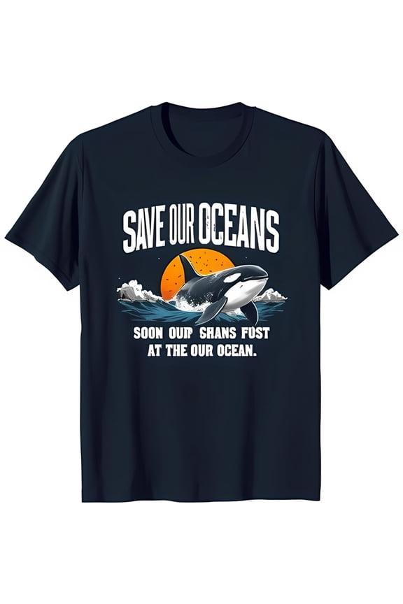 Dark Blue Orca Graphic T-Shirt Save Our Oceans With Sunset Design All Size S-5Xl