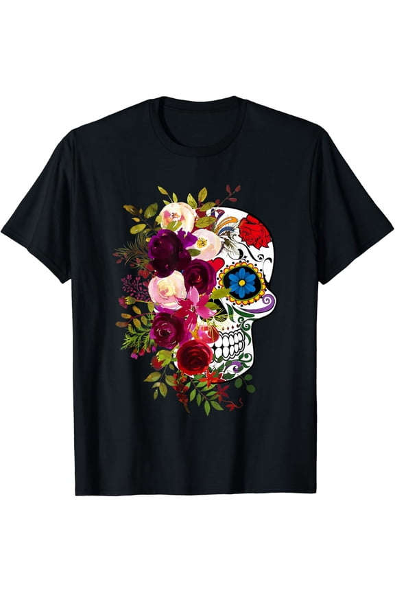 Dia De Los Muertos Flower Floral Sugar Skull Mexican Women T-Shirt