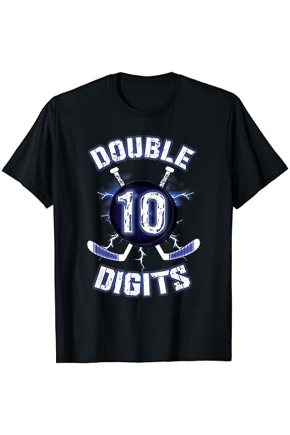 Double Digits Birthday Decorations Ice Hockey 10Th Bday Boy T-Shirt All Size S-5Xl