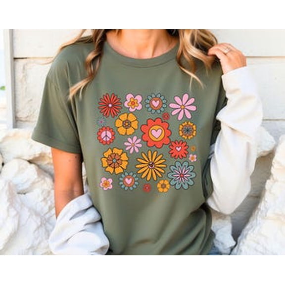 Simple Fit Flower Shirt, Retro Flowers, Vintage Floral, 60's Flowers, Boho Hippie, Soft Unisex Tee, Plus Size All Size S-5XL