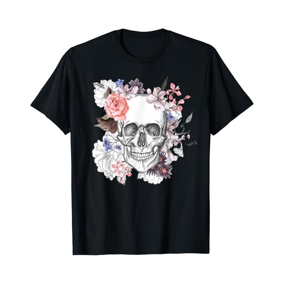Simple Fit Flower Skull T-Shirt Sugar Skull Roses For Women Girls, Mens T-Shirt