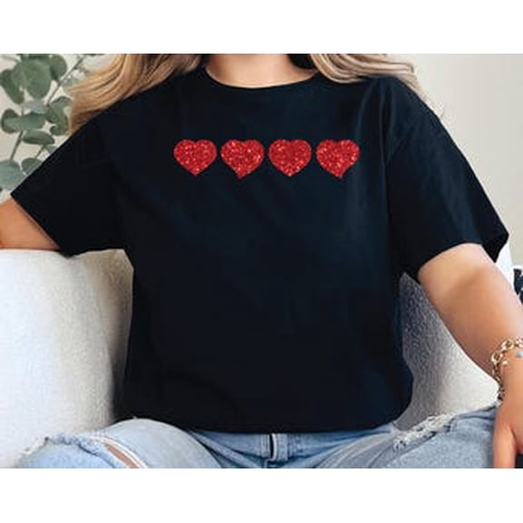 Simple Fit Four Glitter Hearts Shirt – Stylish Sparkling Tee for Women and Teens, Perfect for Casual Outfits, Valentine’s Day, or Unique Gifts