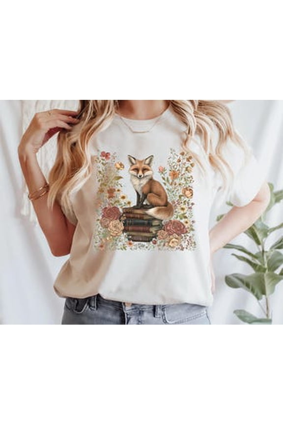 Fox and Book Shirt, Cute Flower Fox Shirt, Vintage Floral Cottagecore Shirt, Wildflower Meadow,Fairycore Tee,Forestcore TShirt,Botanical Fox