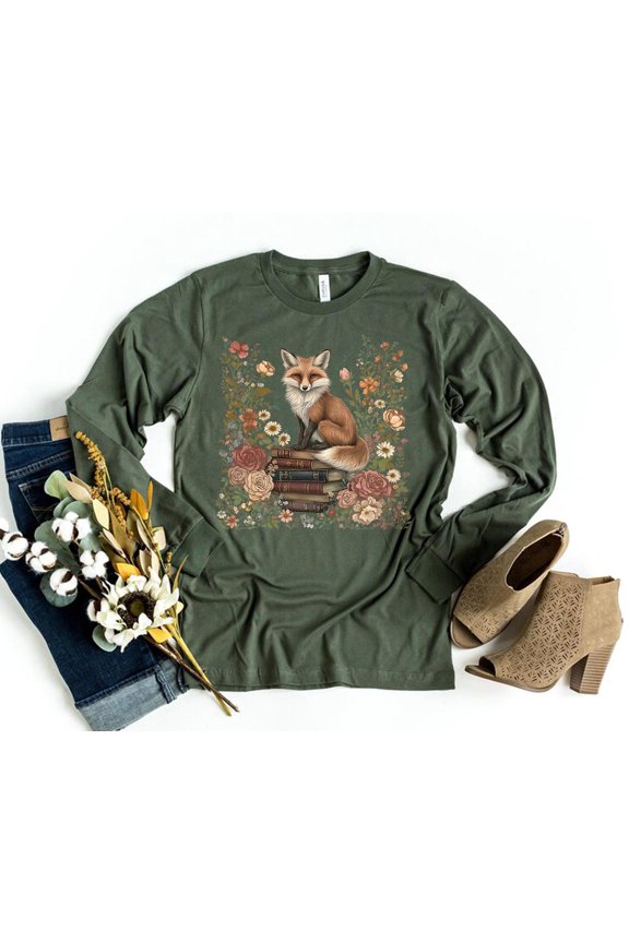 Fox And Book Sweatshirt, Cute Flower Fox Sweatshirt, Vintage Floral Cottagecore Shirt, Fairycore Tee, Forestcore Tshirt, Botanical Fox Shirt Gift For Him/Her Sweatshirt
