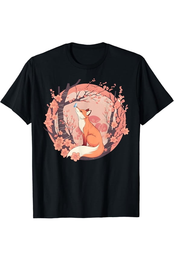 Fox Japanese Cherry Blossom Flower Cute Butterfly Vintage T-Shirt