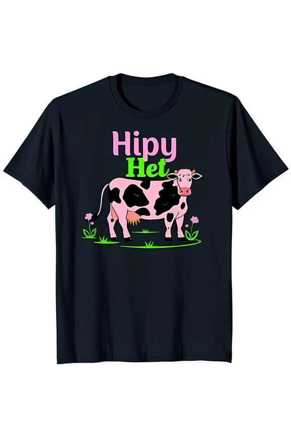 Fun Black T-Shirt With Cartoon Pink & Black Cow Graphic On Green Field All Size S-5Xl
