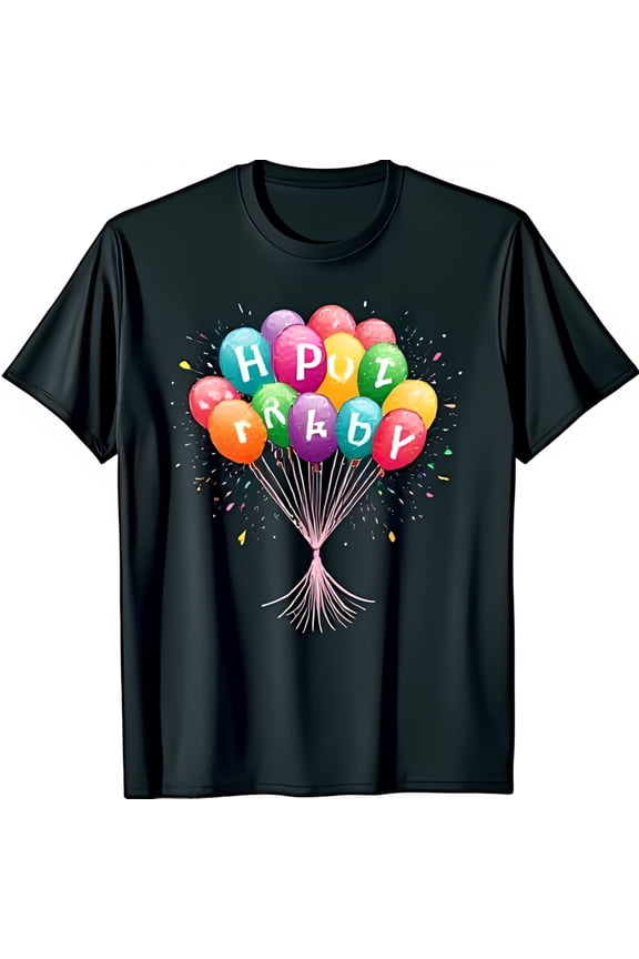 Fun Black T-Shirt With Festive Happy Birthday Graphic & Ribbons All Size S-5Xl