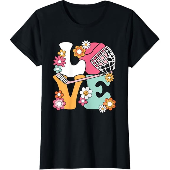 Simple Fit Groovy Hockey Love Ice Hockey Lover Women Girls Cute Hockey T-Shirt All Size S-5Xl