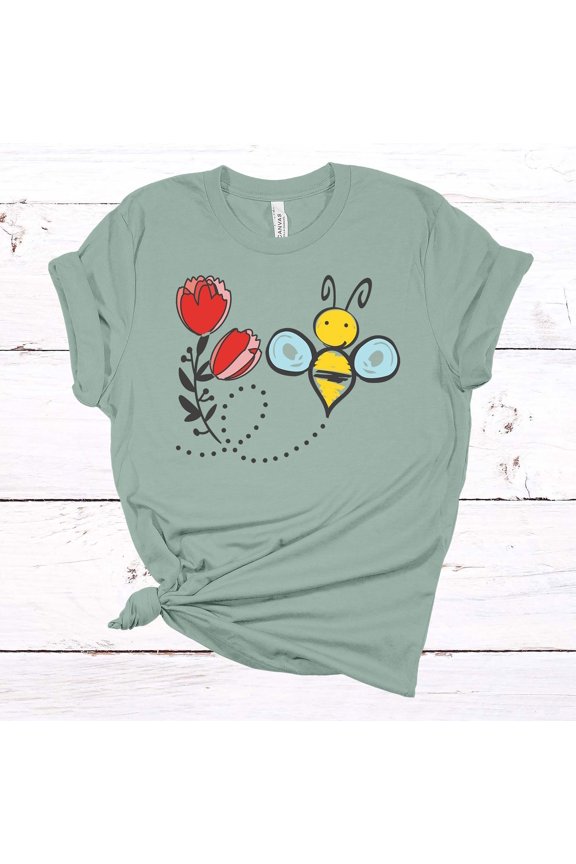 Hand Drawn Bee And Flowers, Cute Bee Shirt, Pretty Flower Tee, Soft Tee Shirt, Choice Of Colors, Plus Size Available All Size S-5XL