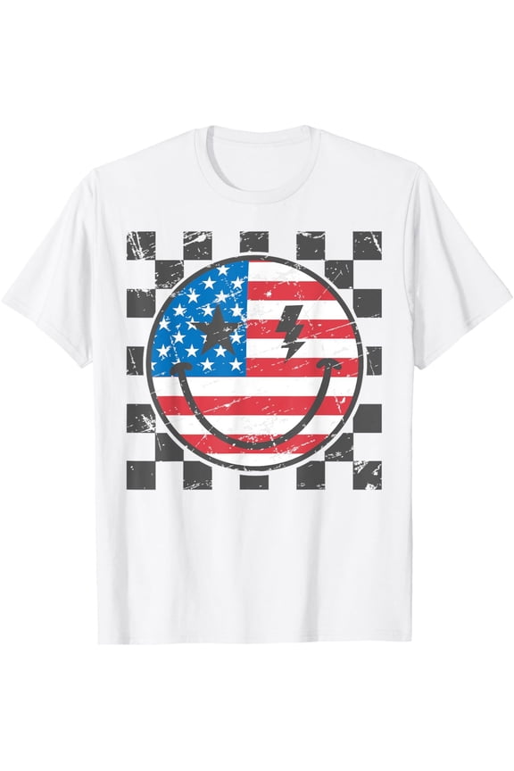 Happy 4Th Of July Groovy Smile Face Red White Blue Usa Flag T-Shirt All Size S-5XL