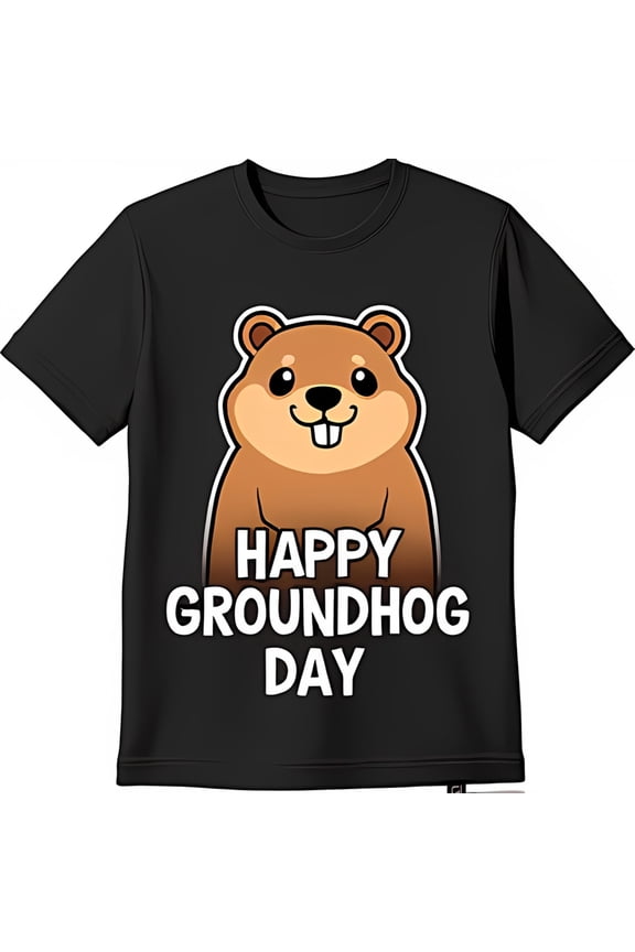 Happy Groundhog Day Black T-Shirt With Cute Cartoon Groundhog Graphic All Size S-5Xl