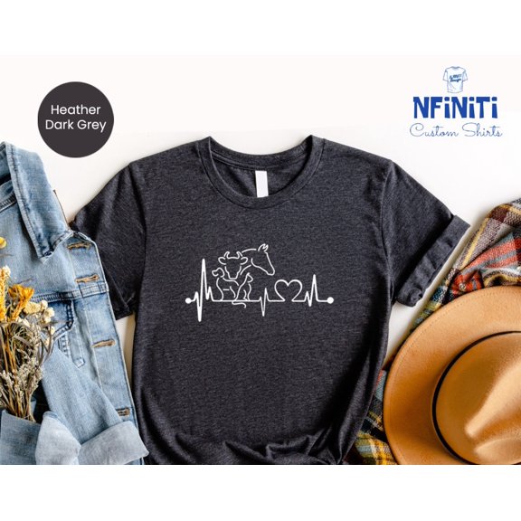 Simple Fit Heartbeat Animal Tee: Vet Tech Shirt, Horse Cow Dog Cat All Size S-5XL