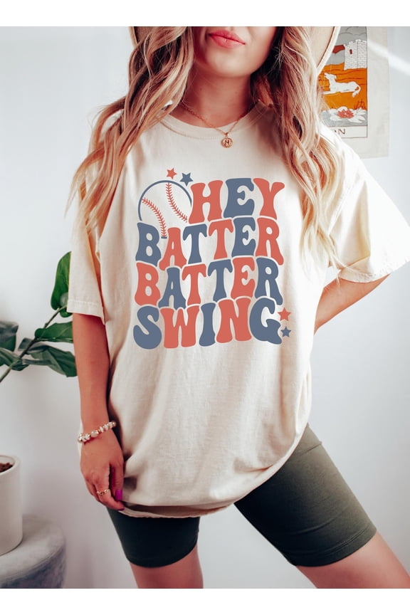 Simple Fit Hey Batter Batter Swing Tee, Baseball Mom Shirt, Baseball Game Tee, Ballpark Shirt, Baseball Mom Gift, Baseball Season Tee