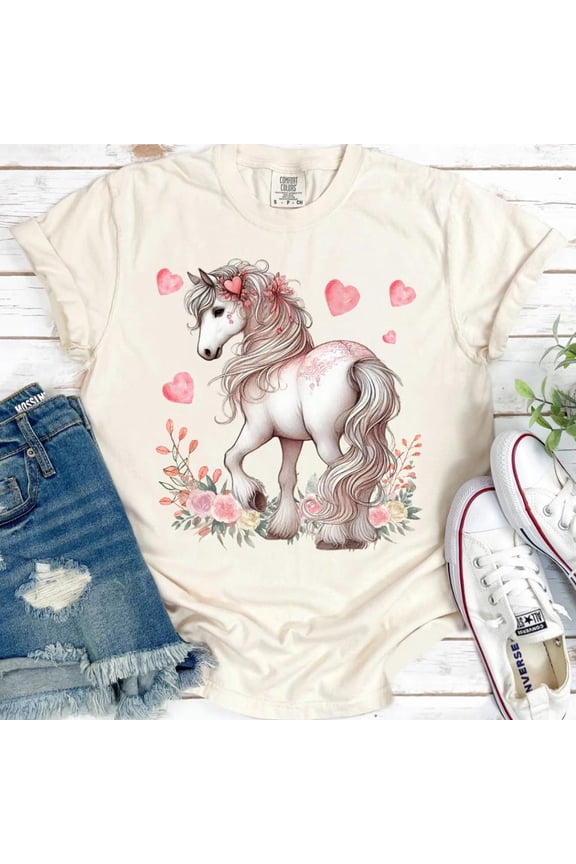Horse Shirt, Loves Day Gift for Her, Womens Horse, Hearts and Flowers, Horse Lover Gifts, Equestrian Apparel, Cute Horse