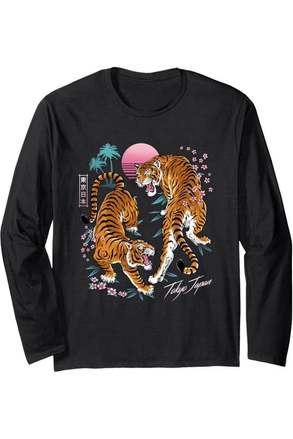 Japanese Tokyo Dueling Asian Tigers Retro 80'S Vaporwave Long Sleeve T-Shirt Gift For Him/Her