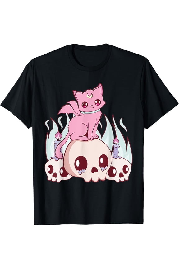 Kawaii Pastel Goth Cute Creepy Witchy Cat And Skull Demon Nu T-Shirt