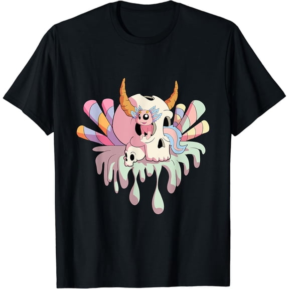Simple Fit Kawaii Pastel Goth Witchy Skull With Cute Creepy Axolotl T-Shirt